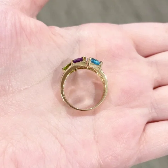 10K Rainbow amethyst Swiss blue topaz peridot trillion harem yellow gold CI ring - Picture 8 of 8